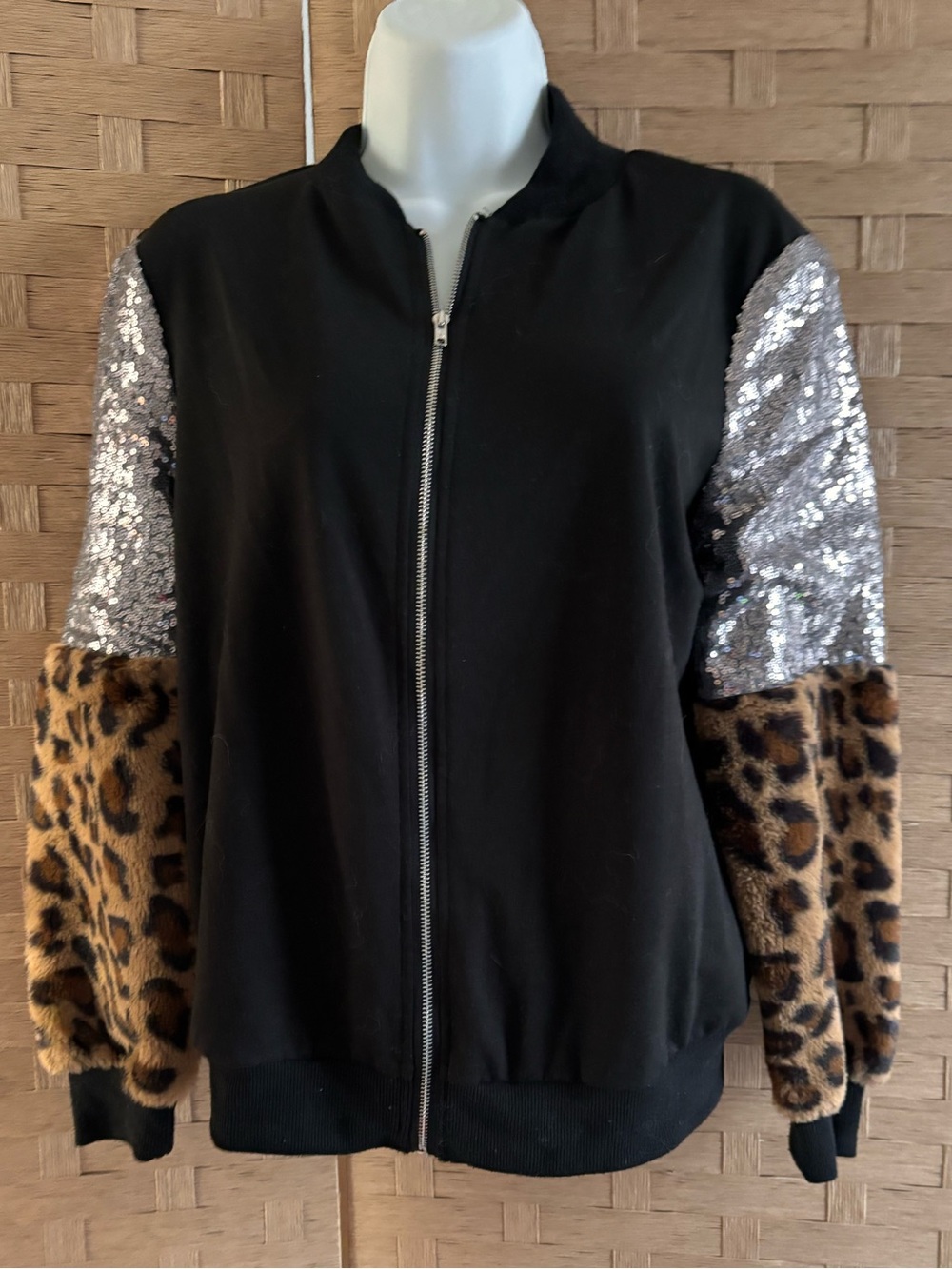 Black Bomber Fleece Jacket Sweater with Silver Sequin & Leopard Faux Fur Sleeves